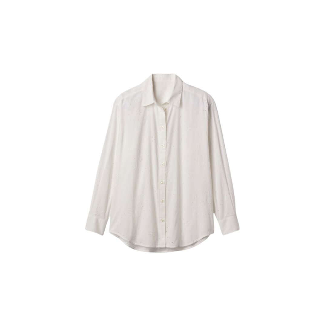 White long-sleeve button-up shirt displayed on a clear background, showcasing a relaxed fit and classic style.