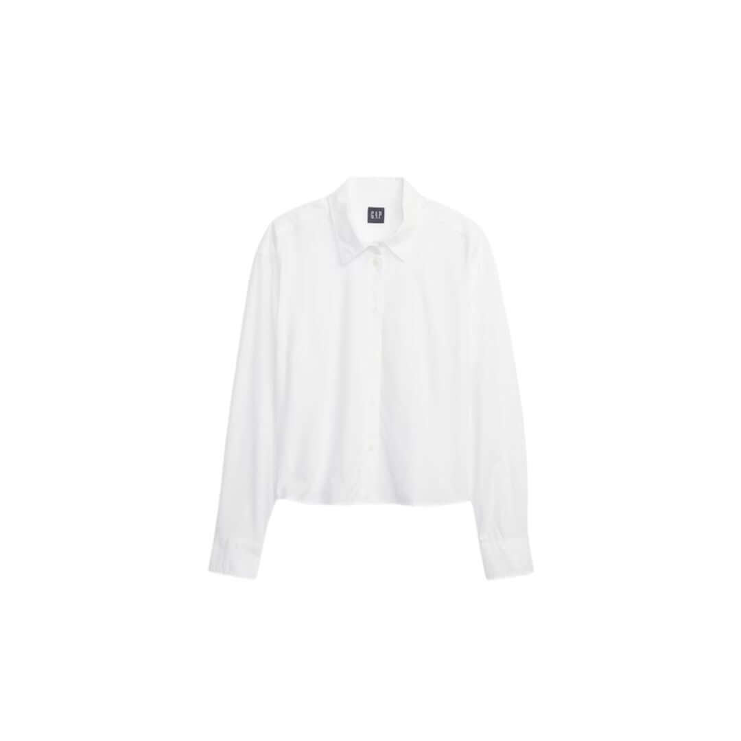 White long-sleeve shirt with a classic collar, perfect for casual or business wear.