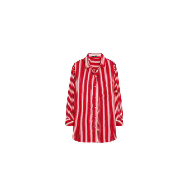 Red and white striped long-sleeve shirt, stylish and casual with button-up design.