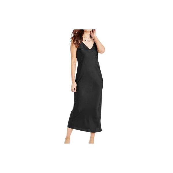 Elegant woman in a sleek black satin maxi dress, showcasing a stylish v-neck design and a flattering silhouette.