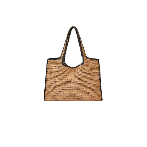 Handwoven straw tote bag with dark trim, perfect for beach or casual outings.