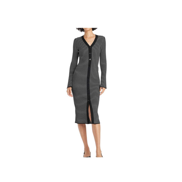 Black and white striped long-sleeve dress with buttons and a front slit, perfect for casual and formal occasions.