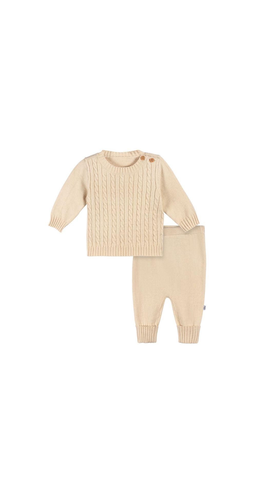 Beige knitted sweater and matching pants for infants, featuring button detail and cozy design.