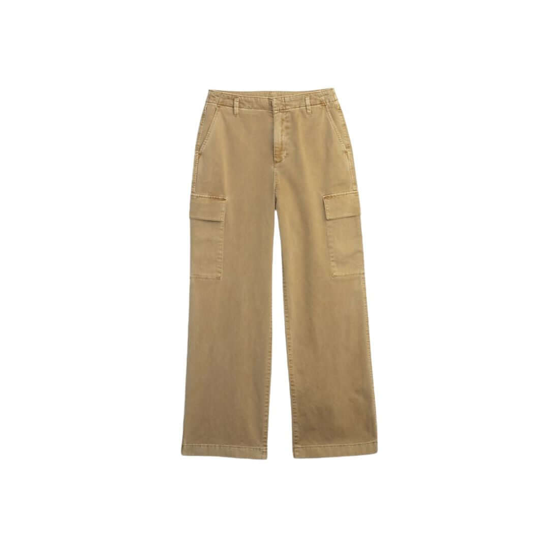 Beige cargo pants with side pockets, perfect for casual and outdoor wear.