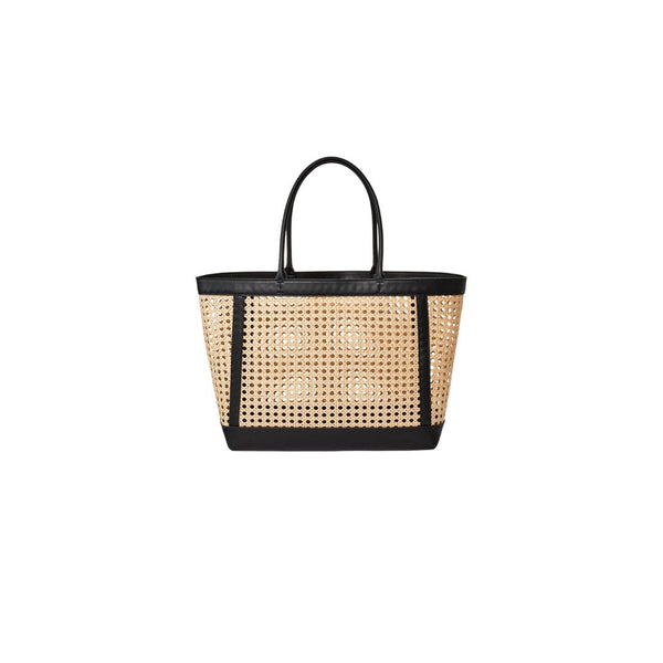 Stylish woven tote bag with black trim and handles, perfect for casual outings and summer days.