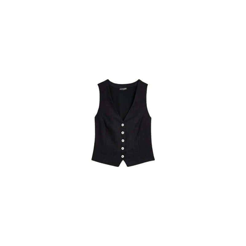 Black sleeveless vest with buttons, perfect for layering in stylish outfits.