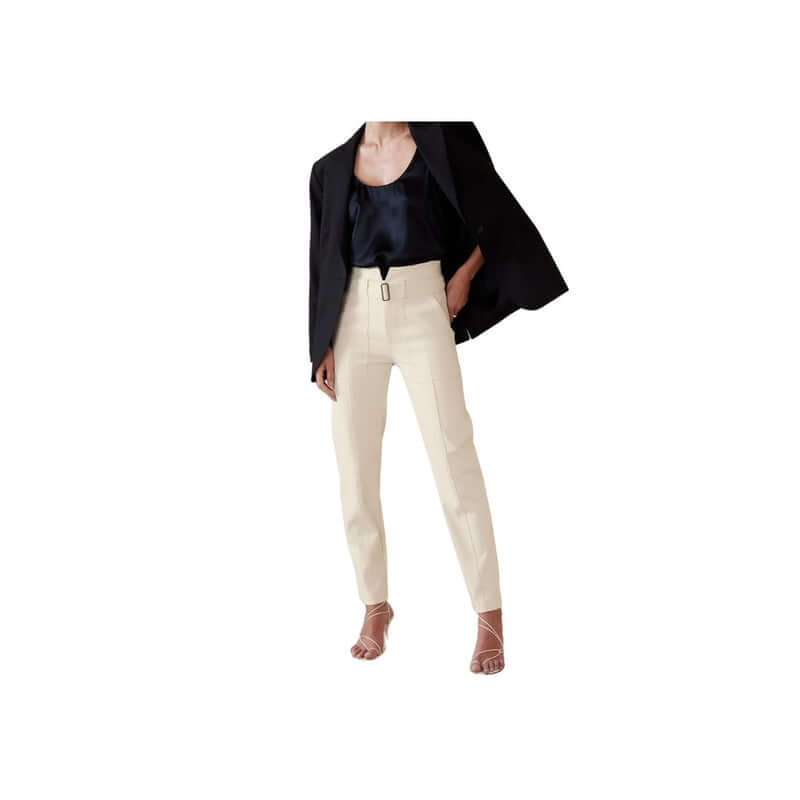 Stylish outfit featuring high-waisted cream pants and a black blazer, perfect for professional or casual settings.
