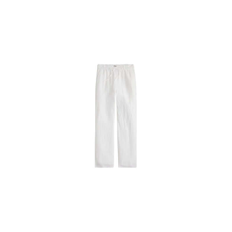 White linen pants with elastic waistband, perfect for casual or summer outfits.