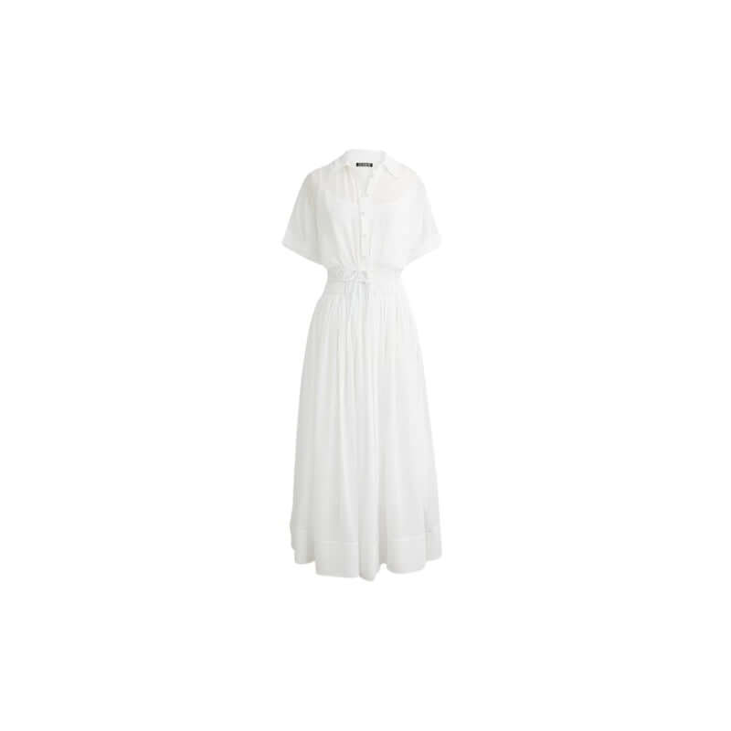 Elegant long white dress with short sleeves and a belted waist, perfect for summer occasions.