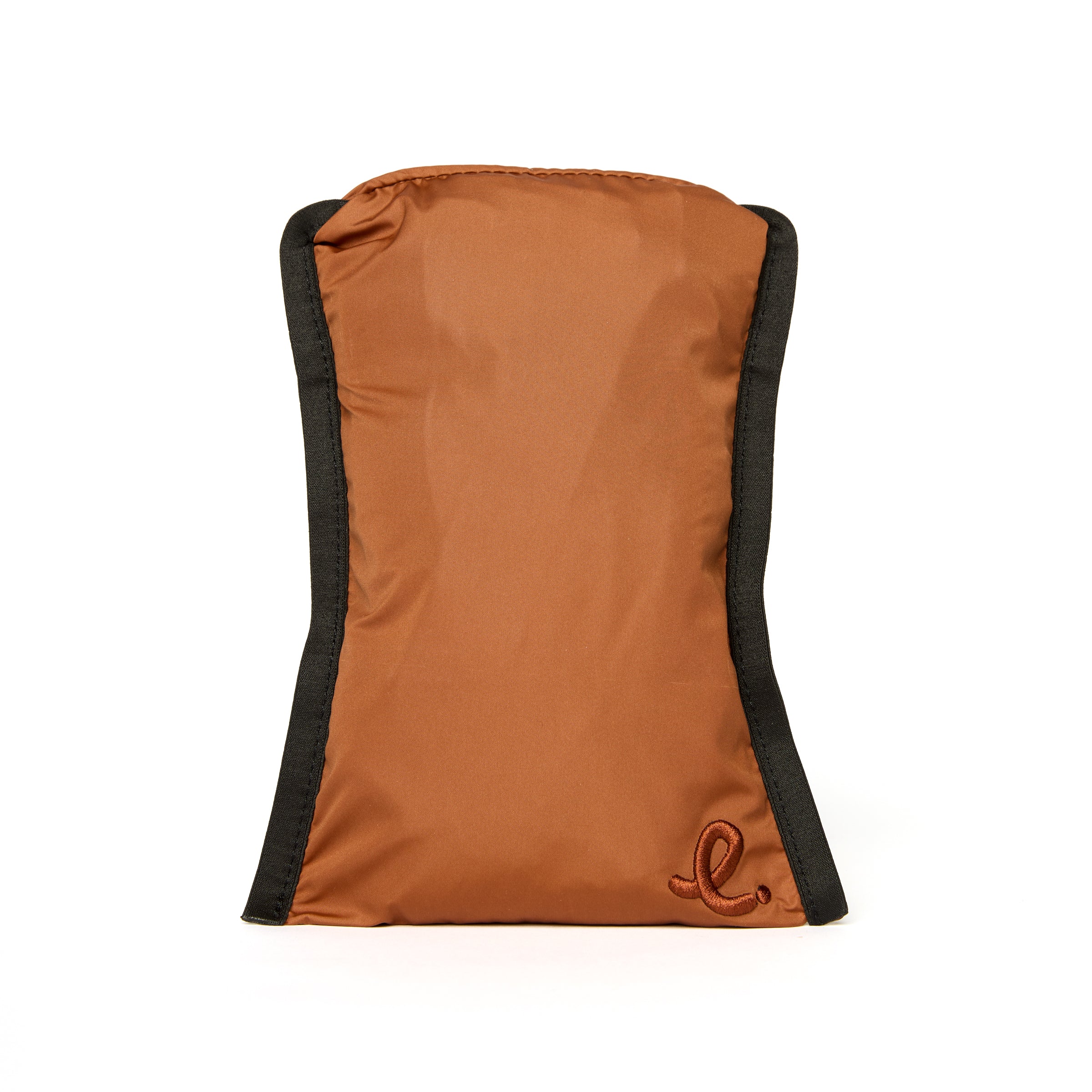 leather brown drawstring bag with black trim on a white background