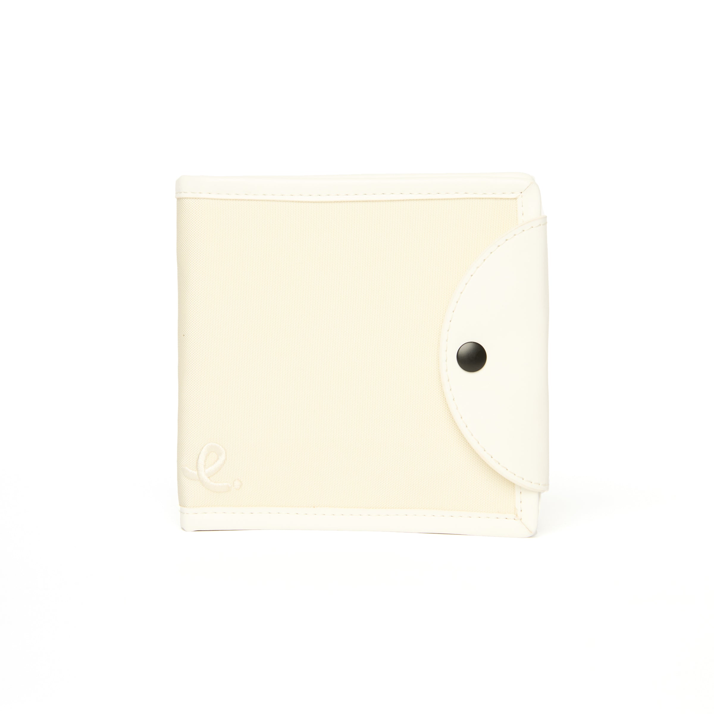Cream-colored fabric pouch with a button on a white background