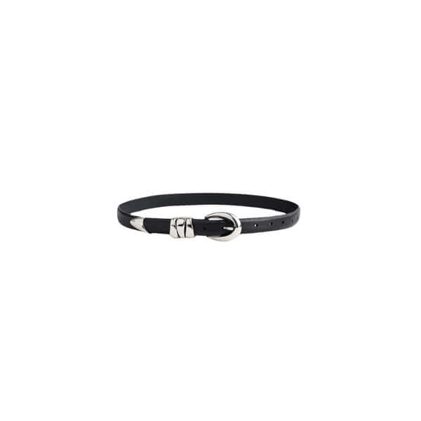 Stylish black leather belt with a silver buckle, perfect for casual and formal outfits.