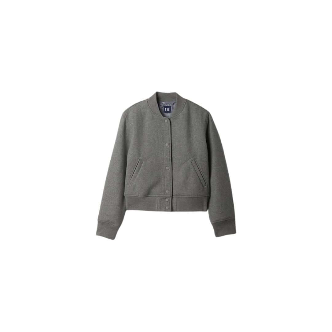 Gray bomber jacket with button closure and side pockets, perfect for casual wear.