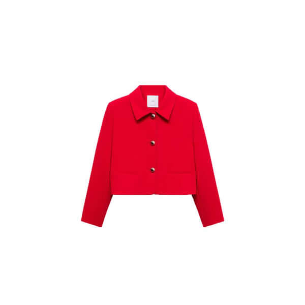 Stylish red cropped jacket featuring a collar and button closure, perfect for trendy outfits.